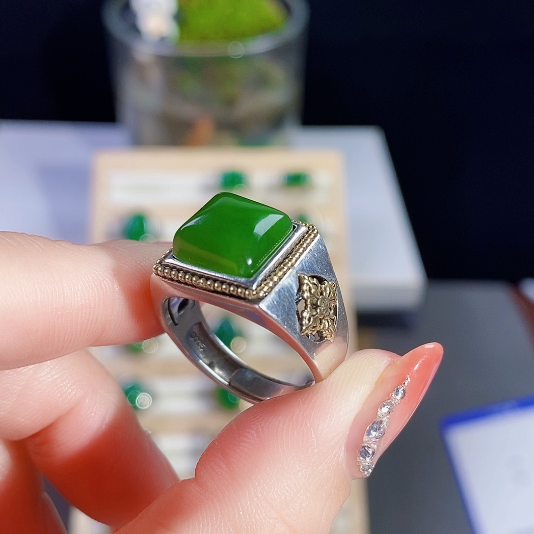 和田玉（碧玉）戒指银S925镶嵌