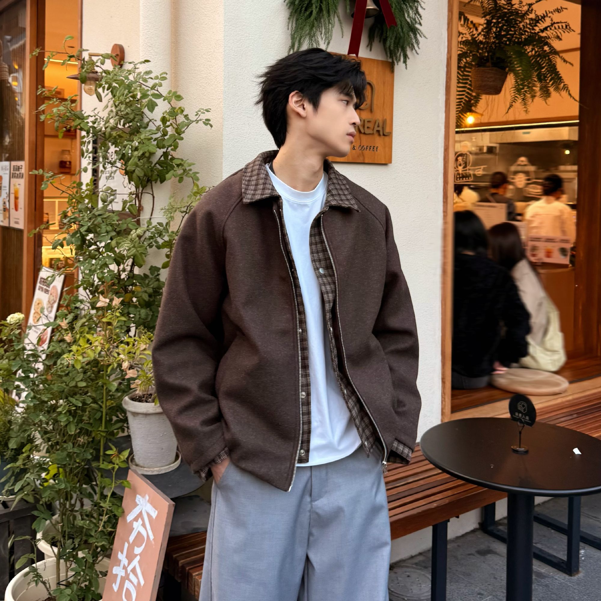 宽松型拼接冬季拉链散口袖男女同款夹克加厚格子秋季保暖棉衣外套