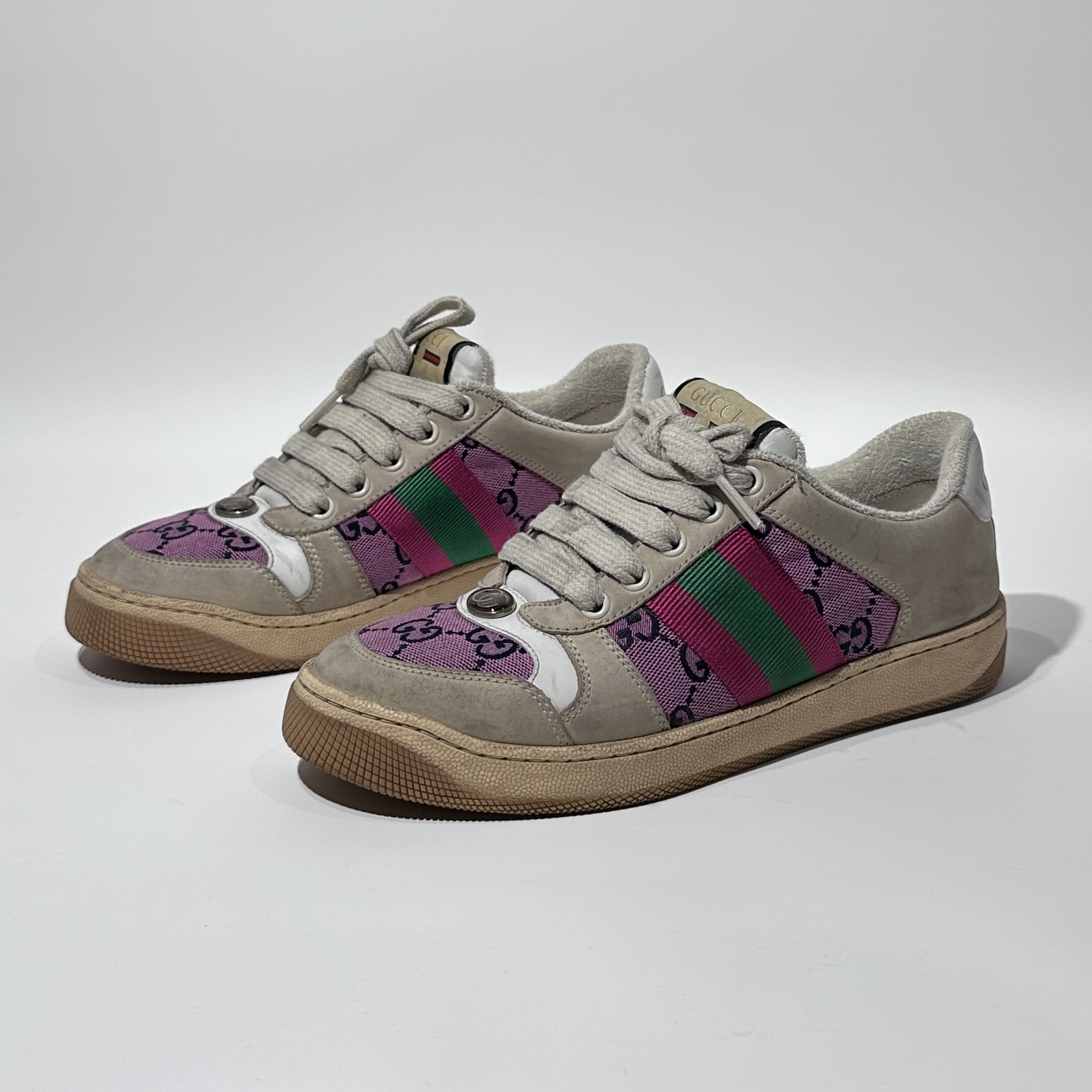 95新 GUCCI/古驰 36码 粉绿色时尚休闲脏脏鞋/ML01766