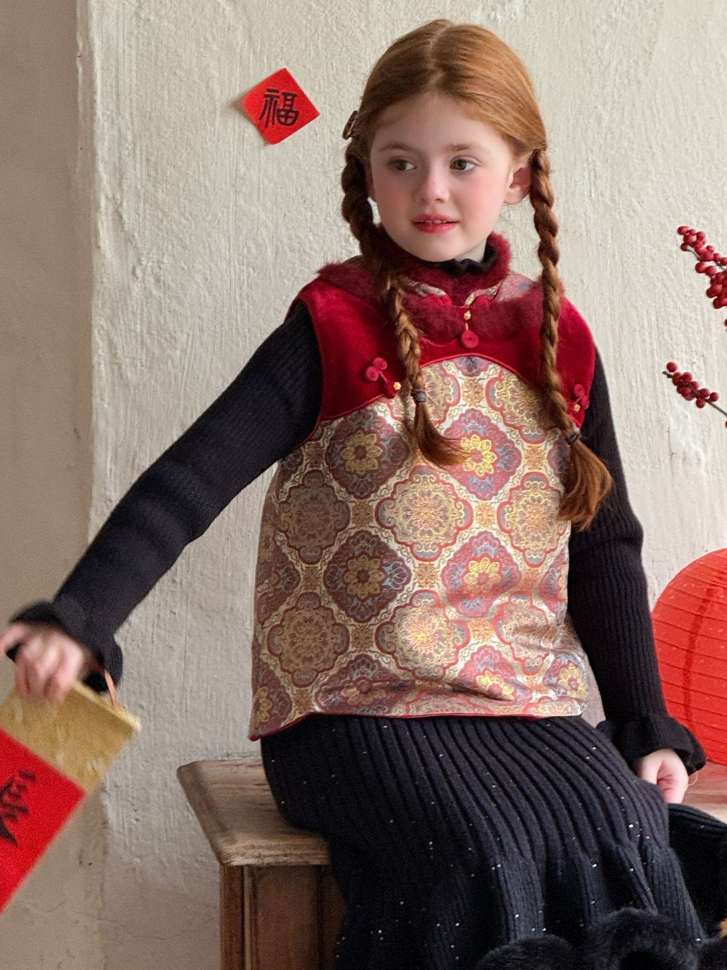 金宝祥夹棉马甲女童新款复古刺绣夹棉旗新年汉服改良马甲5832