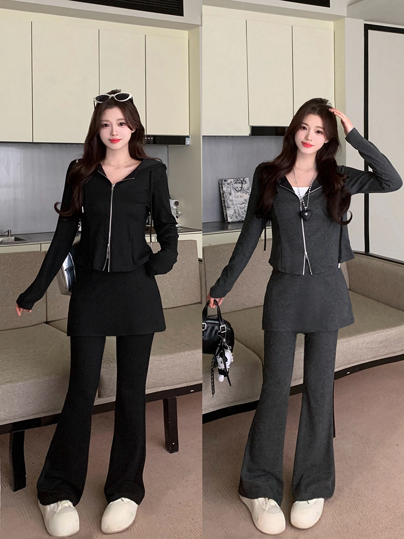 秋款胖mm大码女韩版休闲连帽卫衣遮胯显瘦微喇裤套装21455+21525