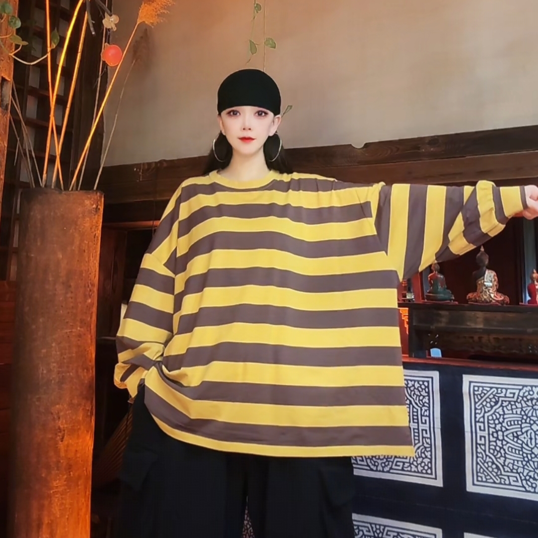 東森家设计师新款百搭长袖条纹卫衣