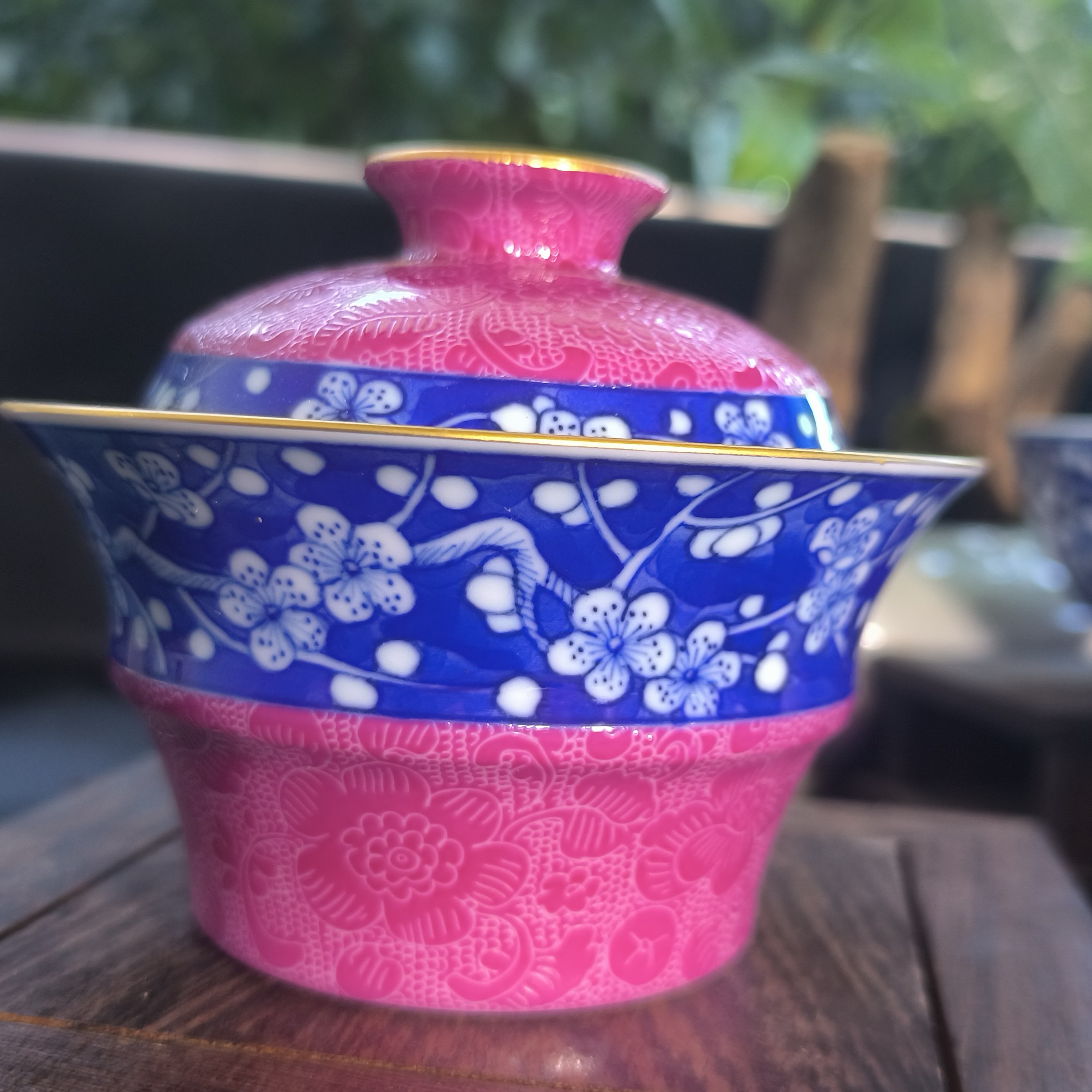 景德镇胭脂红扒花开窗青花冰梅盖碗高端女士茶器