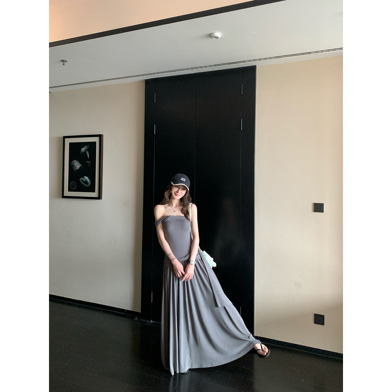 SKK6.27/20点 云裾漫舞 莫代尔收腰抹胸挂脖吊带斜肩纽结连衣裙夏