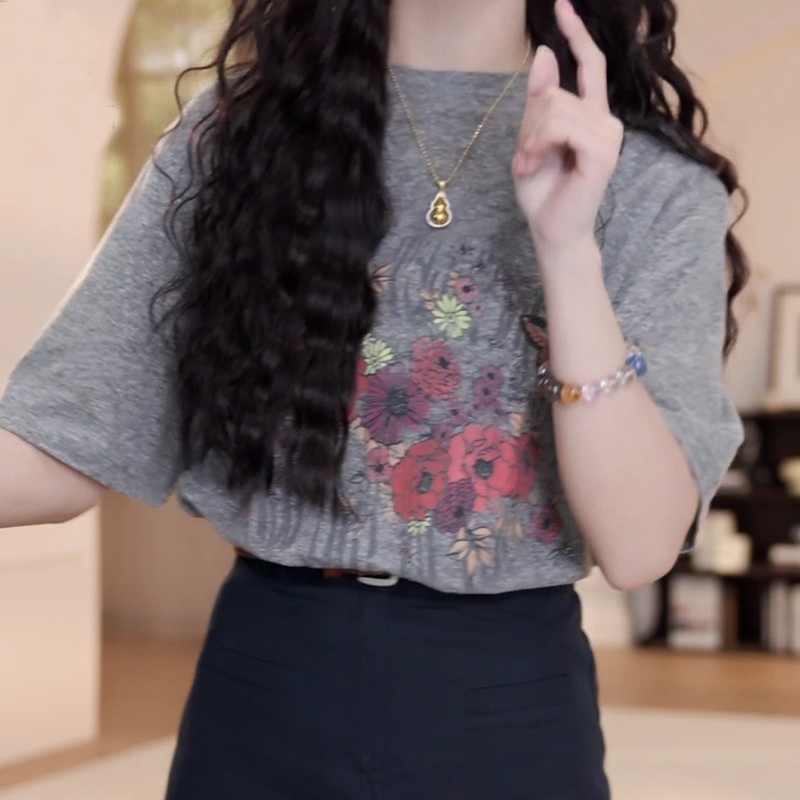 蝴蝶花印花短袖百搭夏季T恤女2025年春装新款复古宽松上衣气质
