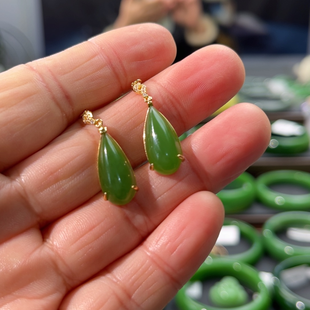 和田玉耳饰银S925镶嵌