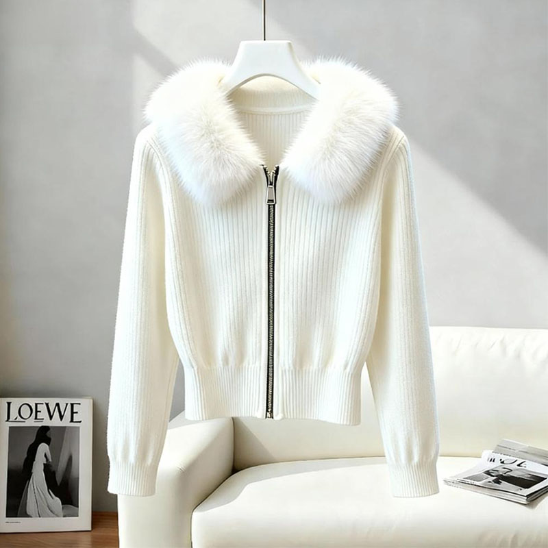 法式气质毛领拉链长袖毛衣开衫女2025秋冬新款高级感显瘦加厚外套