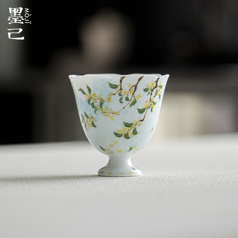 当代 墨己晴山蓝手绘桂影弄月花口高足茶杯功夫茶具陶瓷家用桂hH