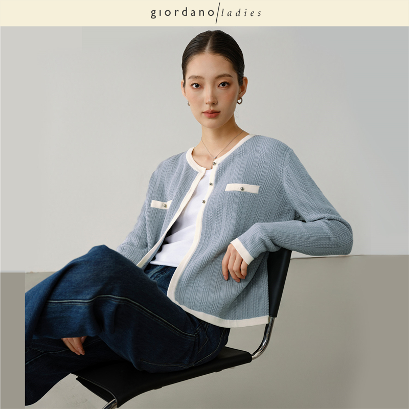 giordano ladies 新款小香风纯棉麻花编织撞色针织外套女02375004