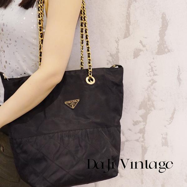 95新 Prada/普拉达 大吉中古/Prada黑金半格纹水桶包