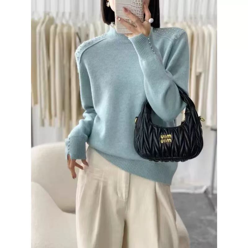 6054【蓝 碎花领 满肩珠  圆领】秋冬加厚针织衫