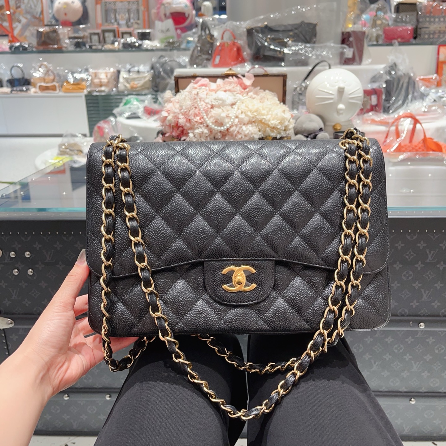 99新 Chanel/香奈儿 黑金荔枝牛皮 双盖单肩包 23开