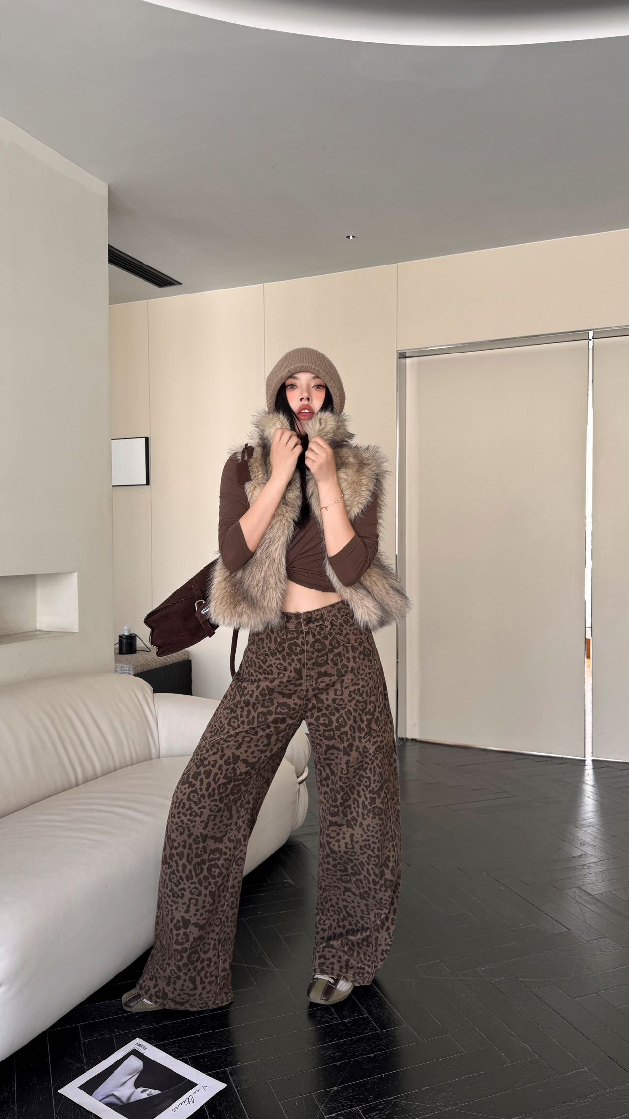 217抓毛弯刀工装裤豹纹水洗常规款高腰休闲加绒冬季休闲加厚咖色