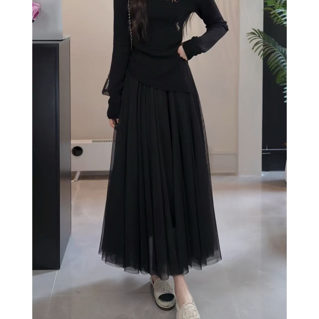 YUANLIANSU/圆脸酥【轻舞飞扬】显瘦黑色加绒网纱半身裙女冬季新款