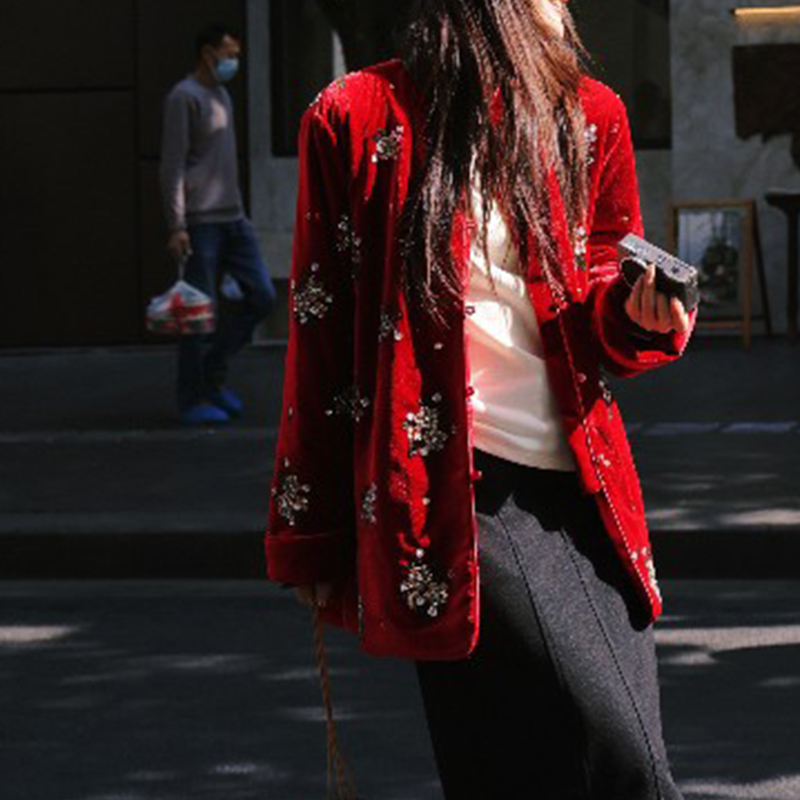 新中式重工亮片丝绒加棉外套女冬2025新款高级感刺绣长袖宽松棉衣