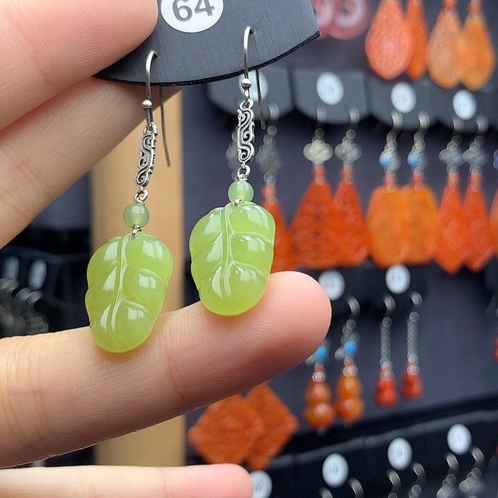 和田玉耳饰银S925镶嵌