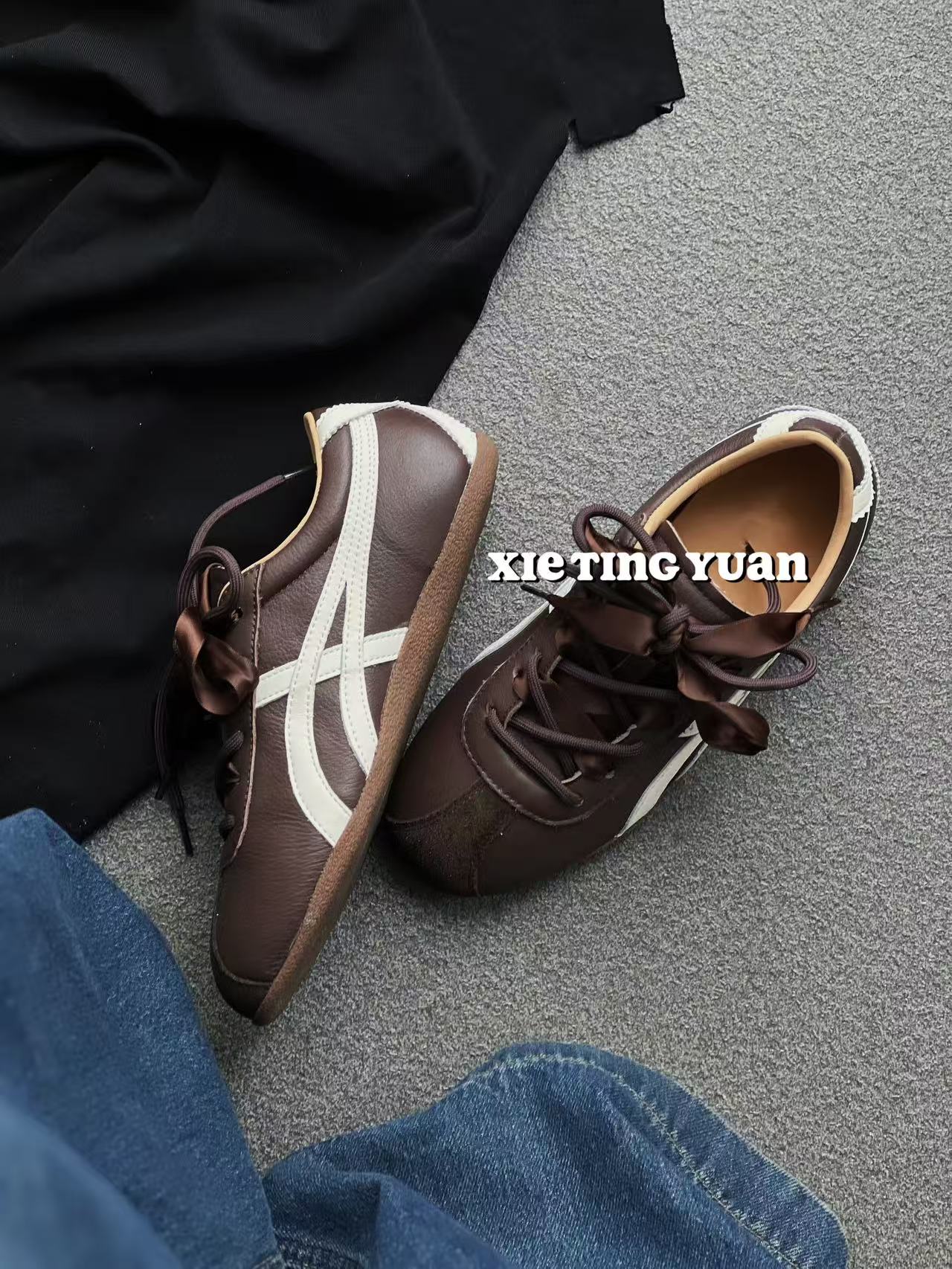 微瑕高品质复古撞色拼接缎带薄底百搭休闲德训鞋女秋冬2536