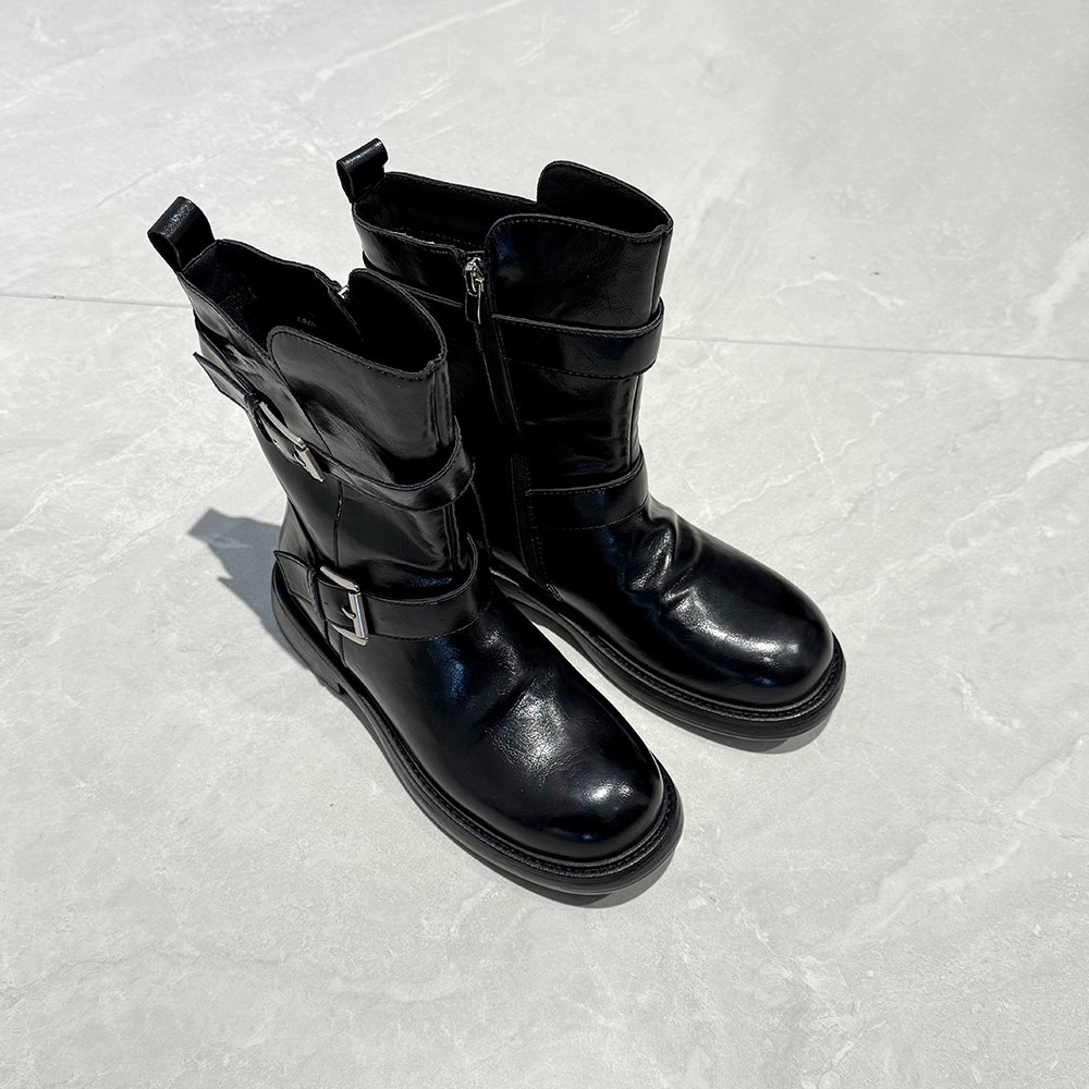 【余欢欢】冬季时尚百搭圆头侧拉链加绒骑士靴-YHX50131