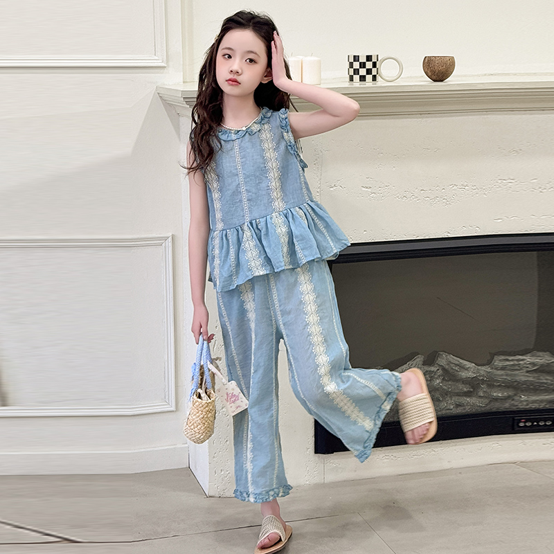 女童夏季套装2025新款夏装小女孩棉布绣花格子休闲裤子儿童两件套