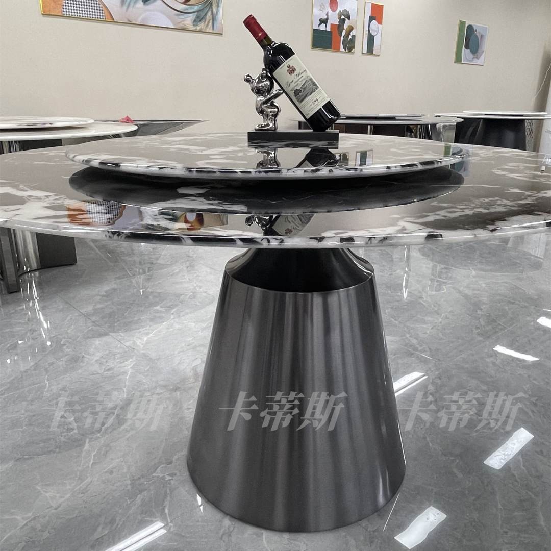【酒杯腿】大理石餐桌椅组合高档圆形饭桌圆桌带转盘不锈钢