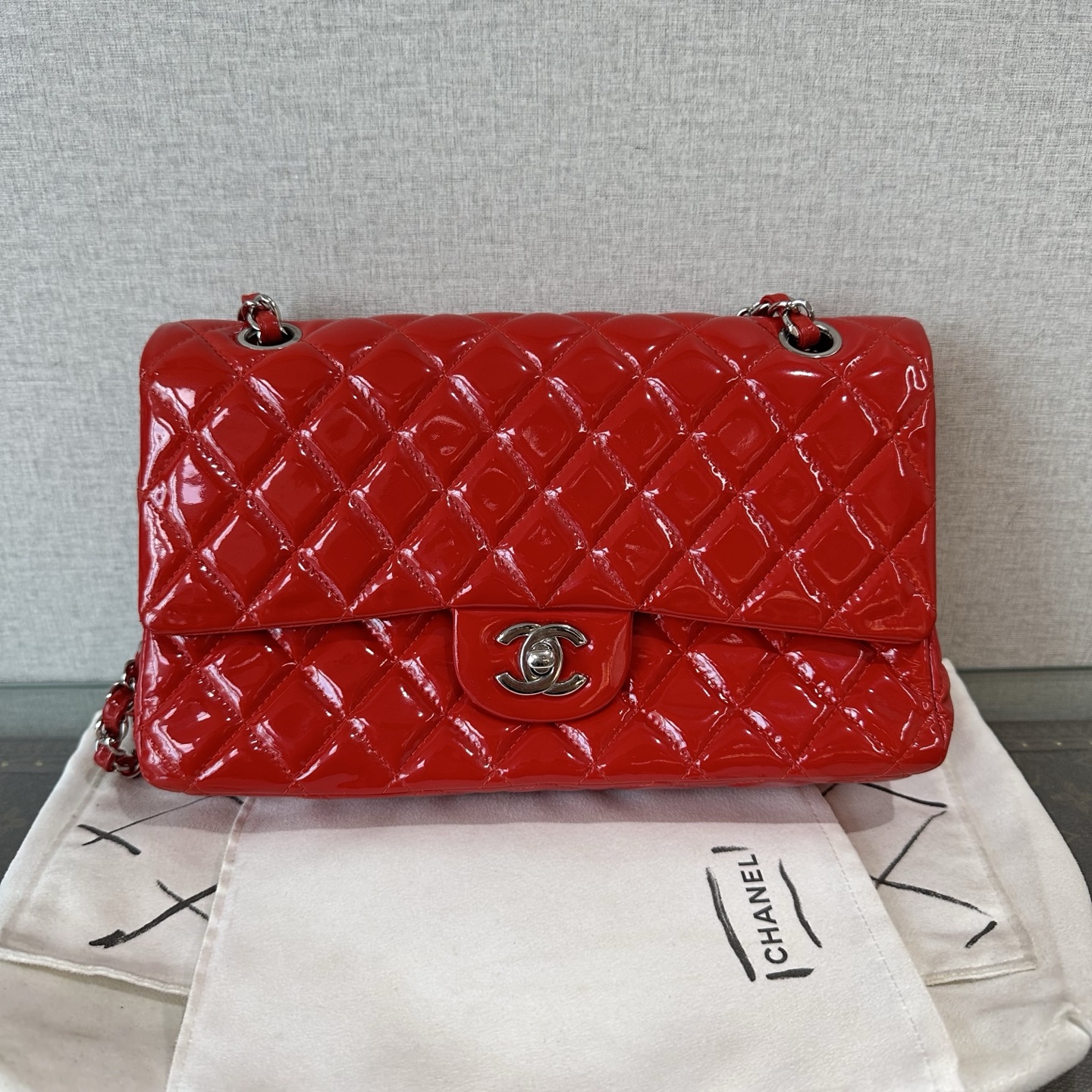 95新 Chanel/香奈儿 红银漆皮CF中号链条包 12812