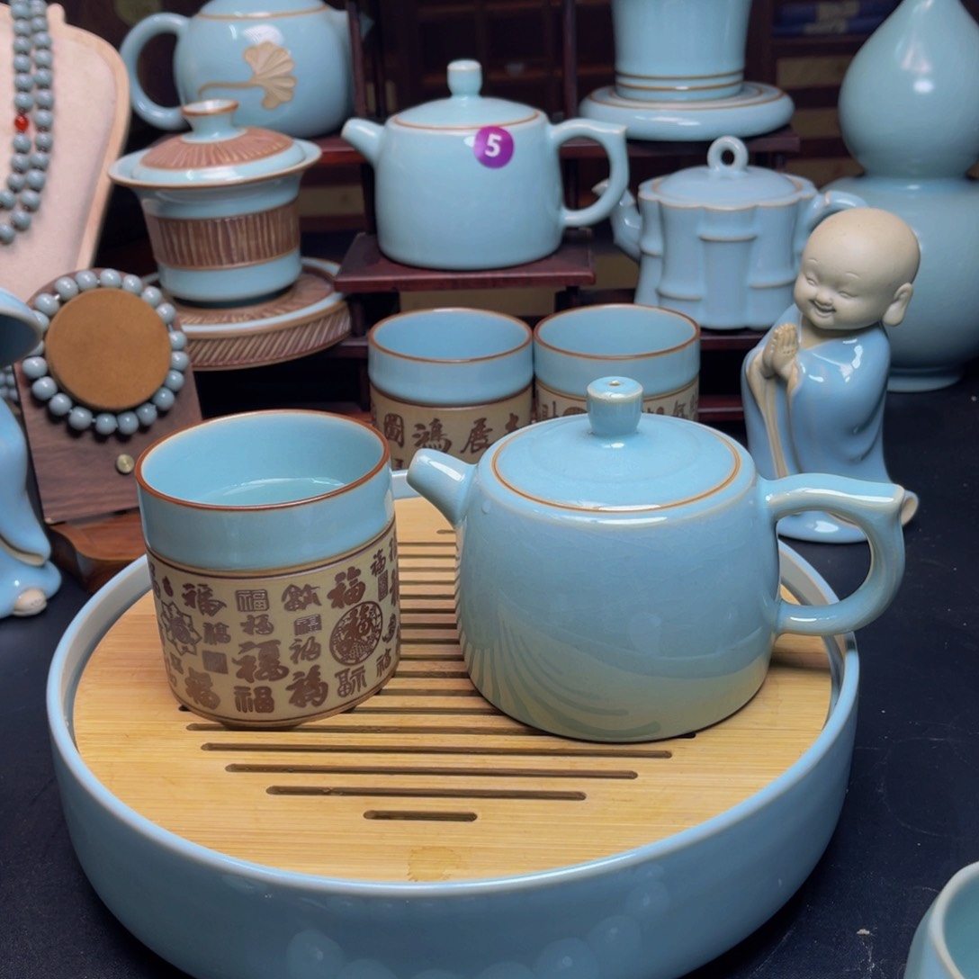 【闪购商品】摆件陶开**选御龍汝州窑，单壶壶，天青，盖碗
