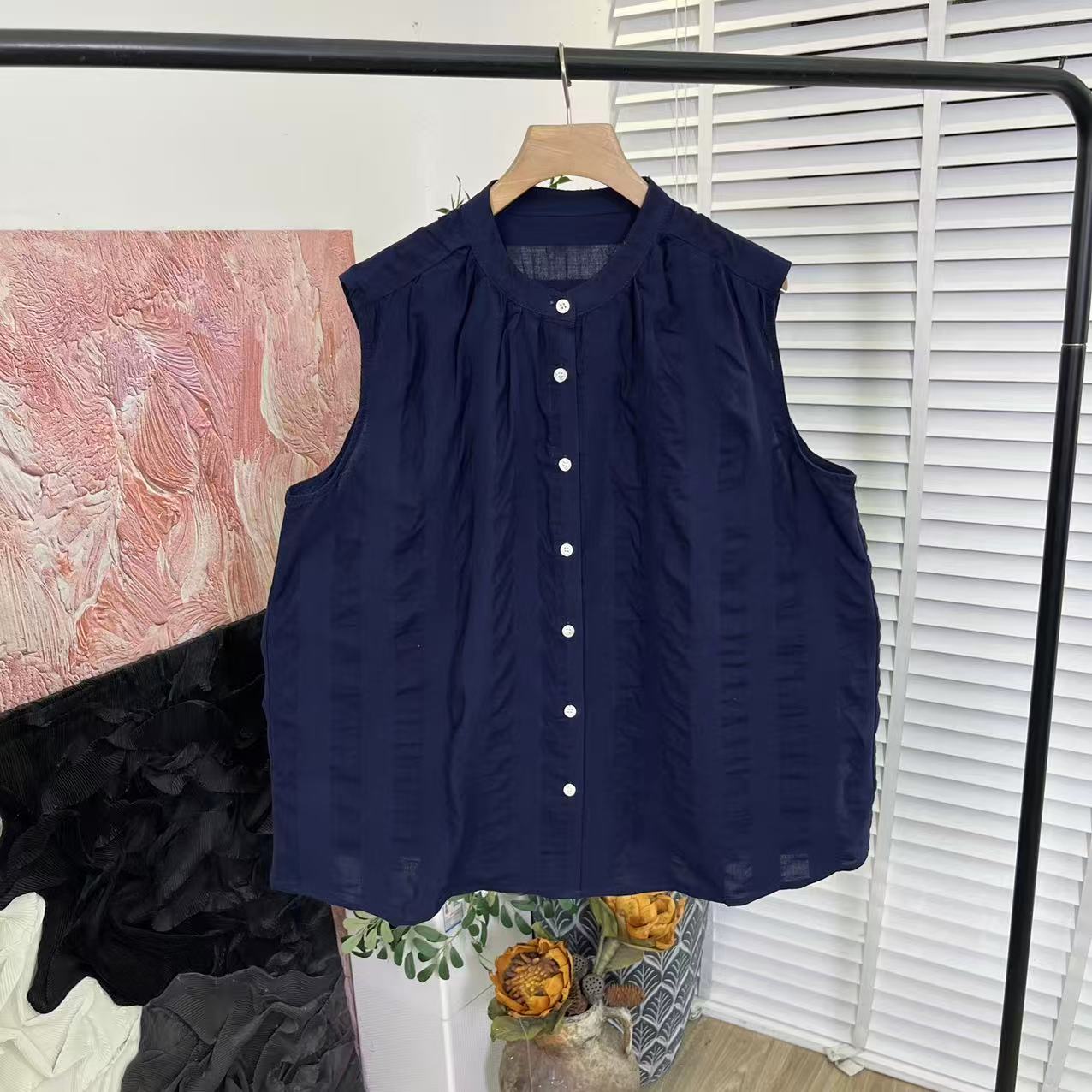 夏款休闲宽松「肌理水洗棉单排扣」舒适背心女E5896