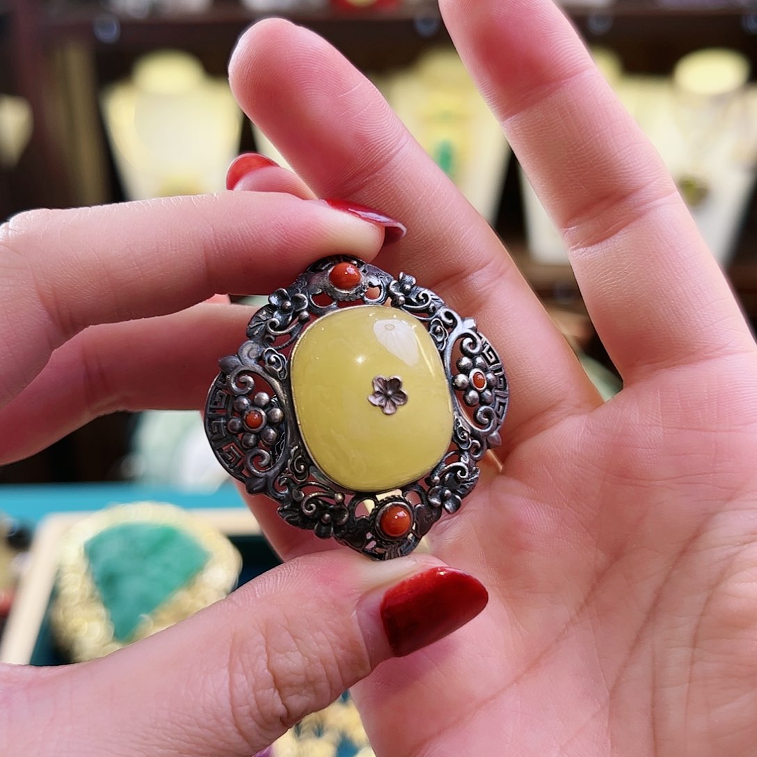 琥珀戒指银S925镶嵌戒指