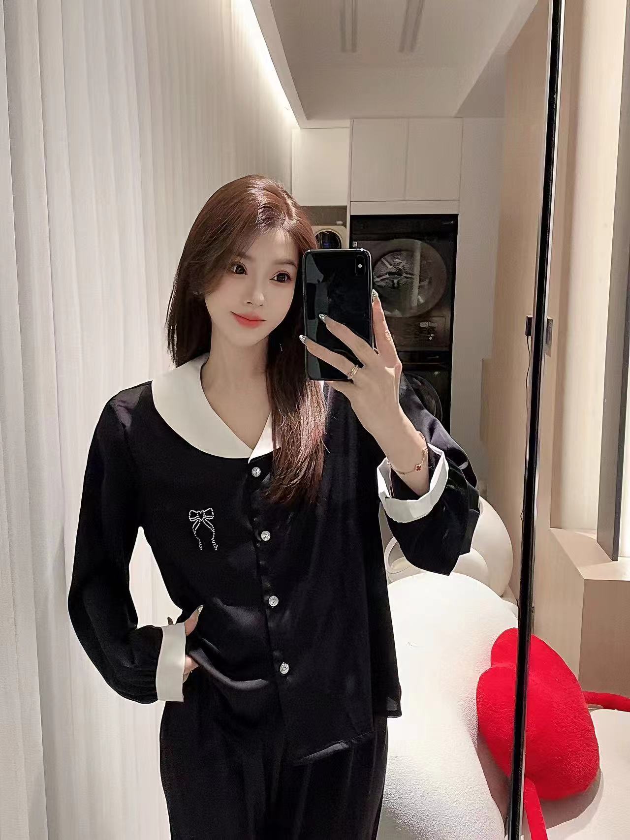 法式拼接蝴蝶结高奢春夏女睡衣家居服