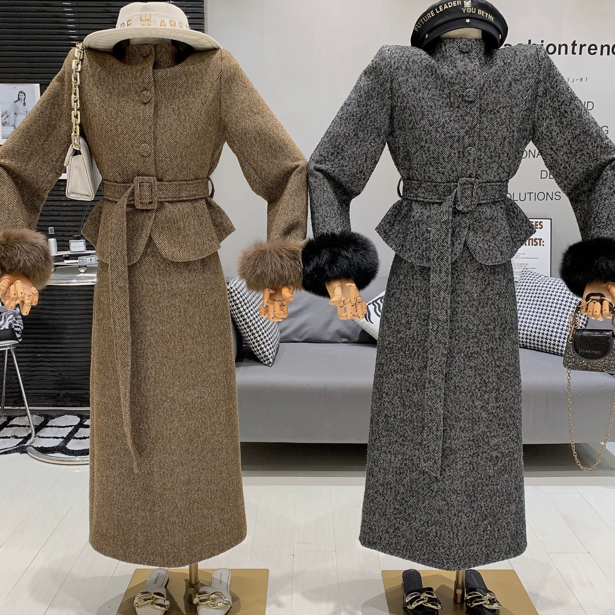 鑫花家法式复古收腰百搭减龄夹棉排扣外套+高腰显瘦半身裙两件套