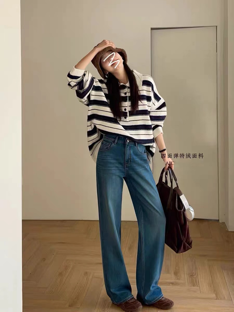 A9900  加绒2025冬新款蓝色高腰弹力显瘦窄版阔腿裤牛仔裤女-糖