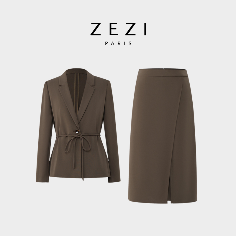 ZEZI三醋酸系带收腰西装平驳领长袖通勤西装时尚气质女装休闲新款