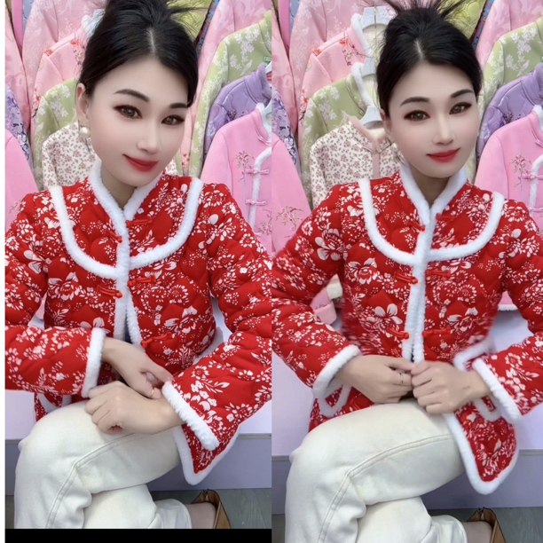 (新款冬季)新中式国风格格领ins棉衣外套加绒花棉袄