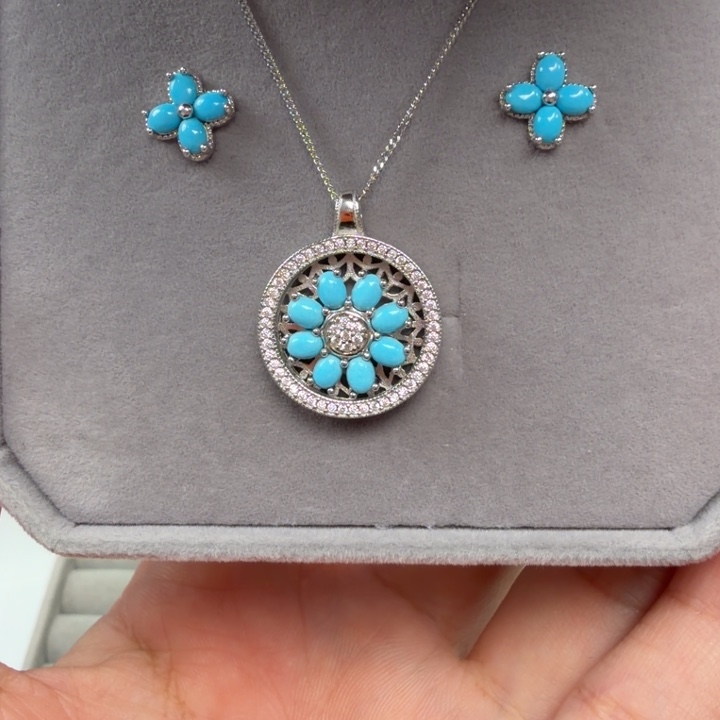 绿松石银S925镶嵌吊坠(赠链)绿松石套装