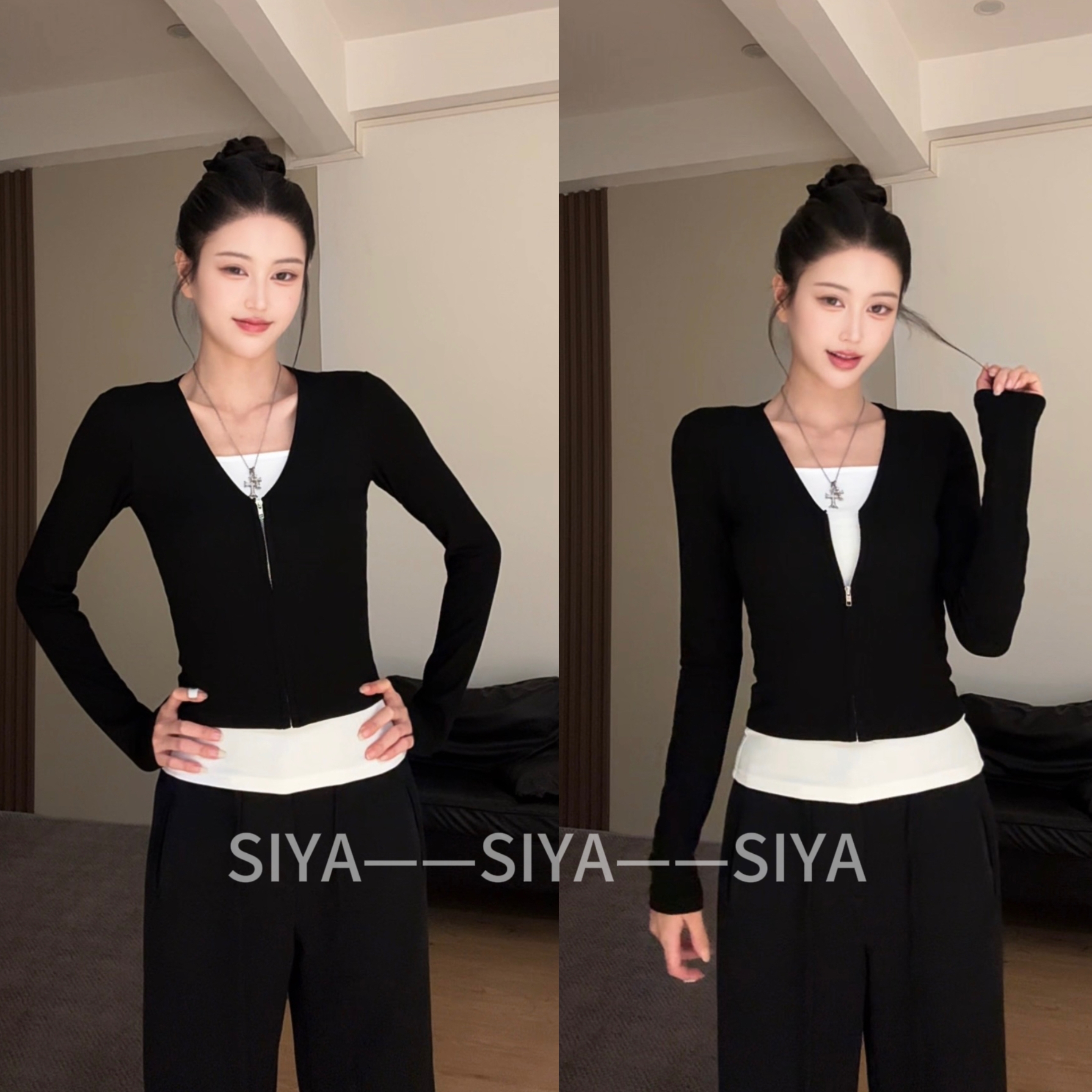 【SIYA】黑白撞色内搭打底衫长袖t恤女假两件小众设计感修身上衣