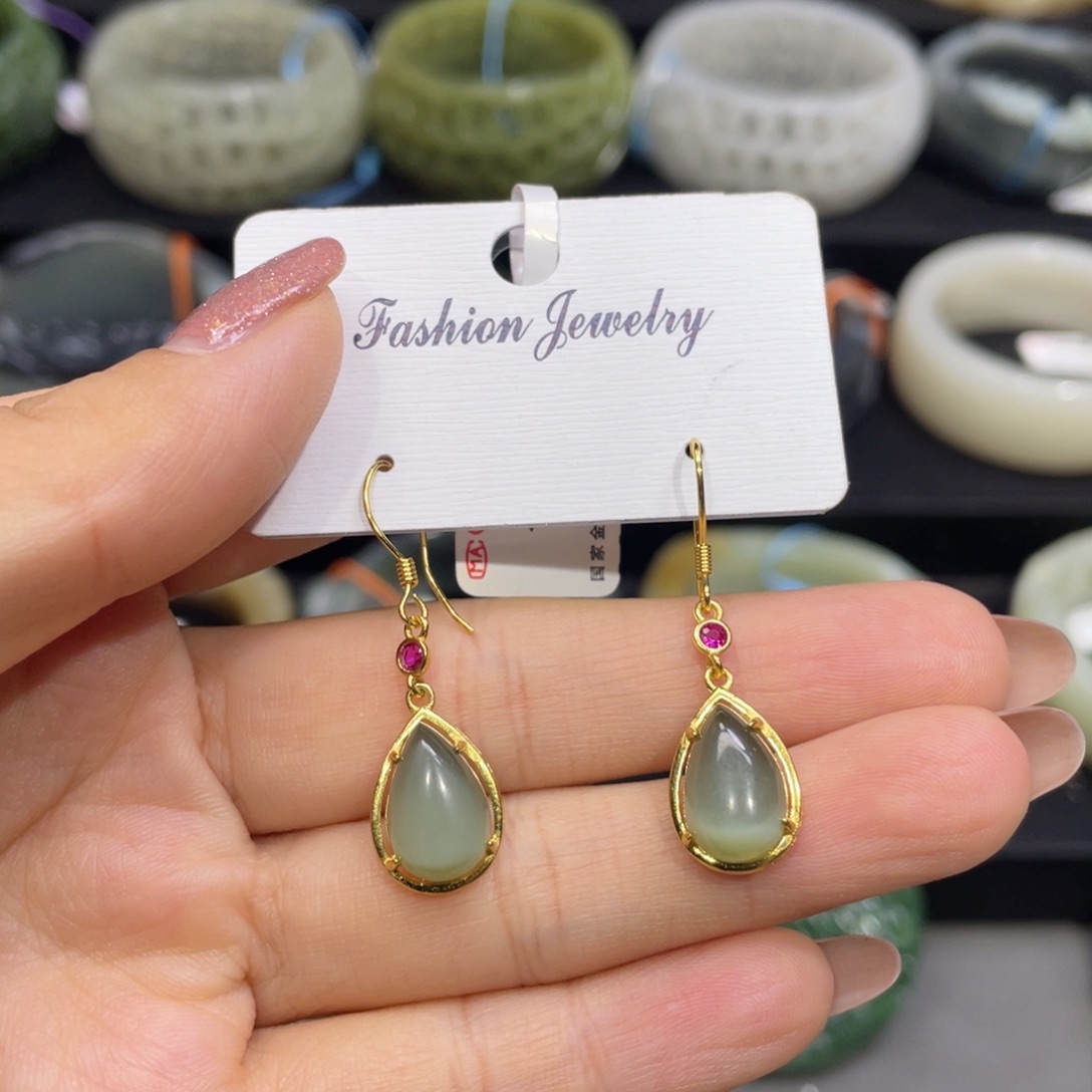 和田玉银S925镶嵌耳饰