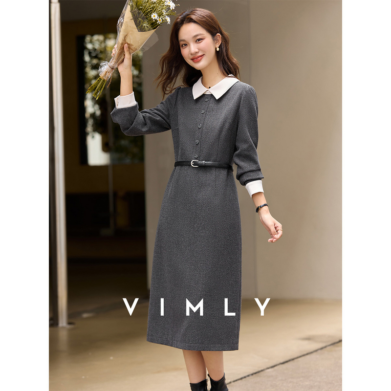 【梵希蔓】翻领长袖连衣裙女25冬新款收腰显瘦撞色a字直筒长裙A3391