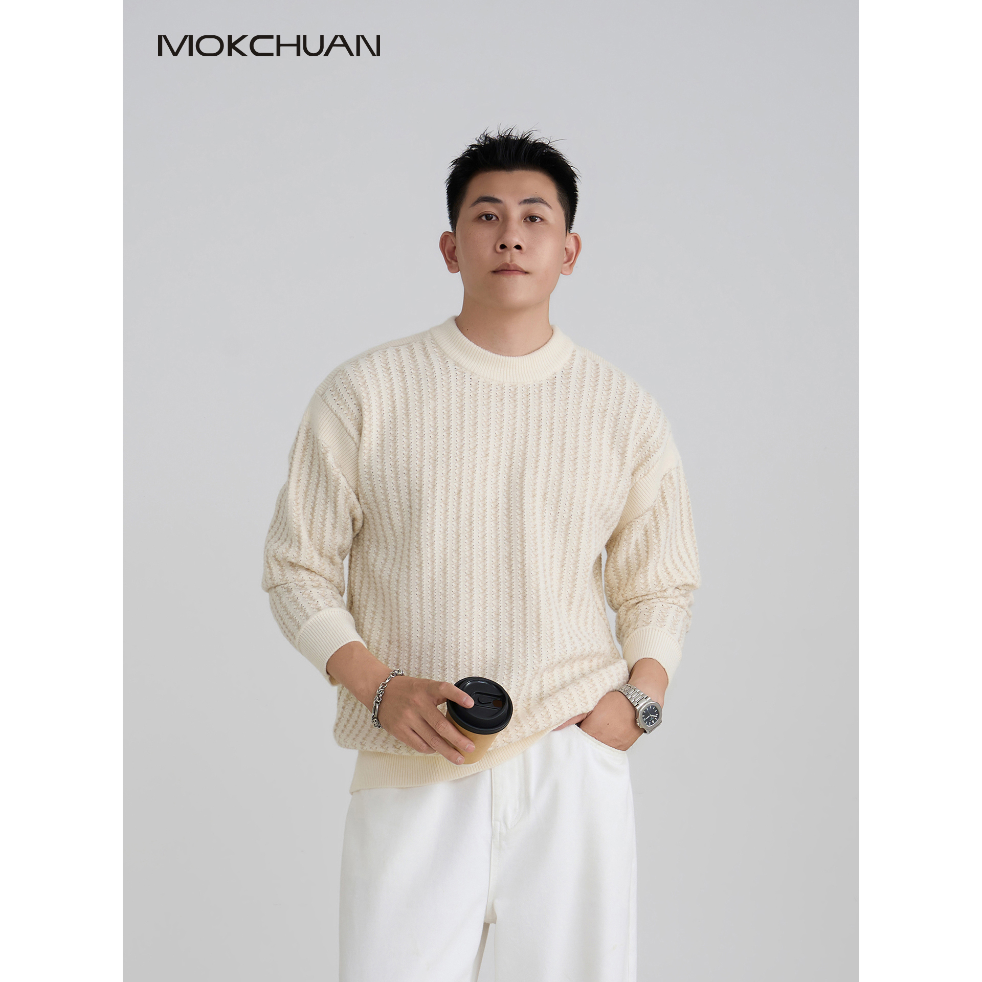 MOKCHUAN老钱慵懒纯色百搭圆领针织打底衫男秋冬套头保暖条纹毛衣