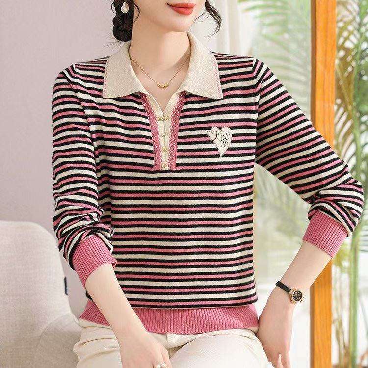 妈妈春秋装翻领条纹长袖T恤针织上衣中老年女内搭毛衣宽松打底衫