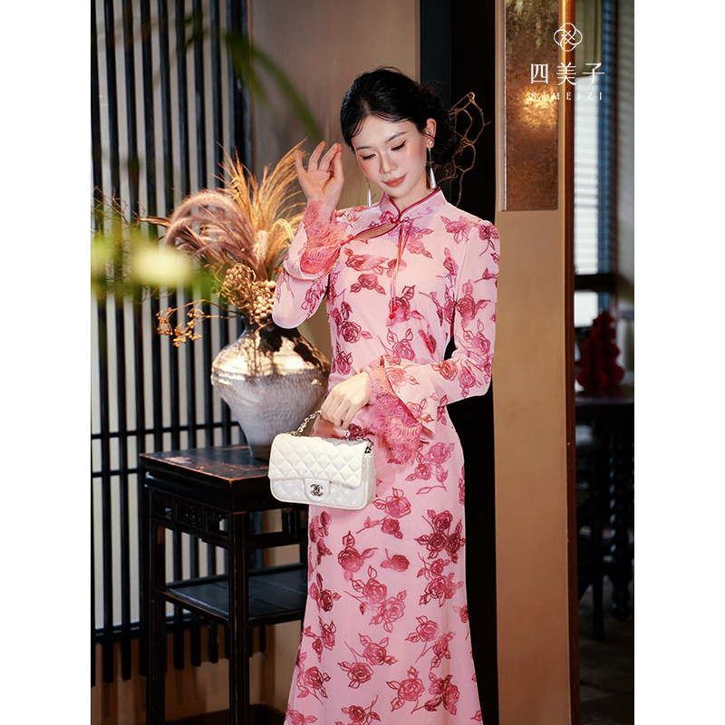 四美子【花渐影】秋季新款新中式爆款气质显瘦长袖改良旗袍连衣裙