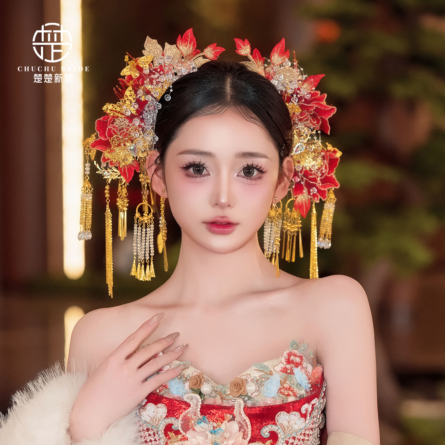 2025新款红金色减龄秀禾服头饰凤冠圣女冠后压发饰国风龙凤褂饰品