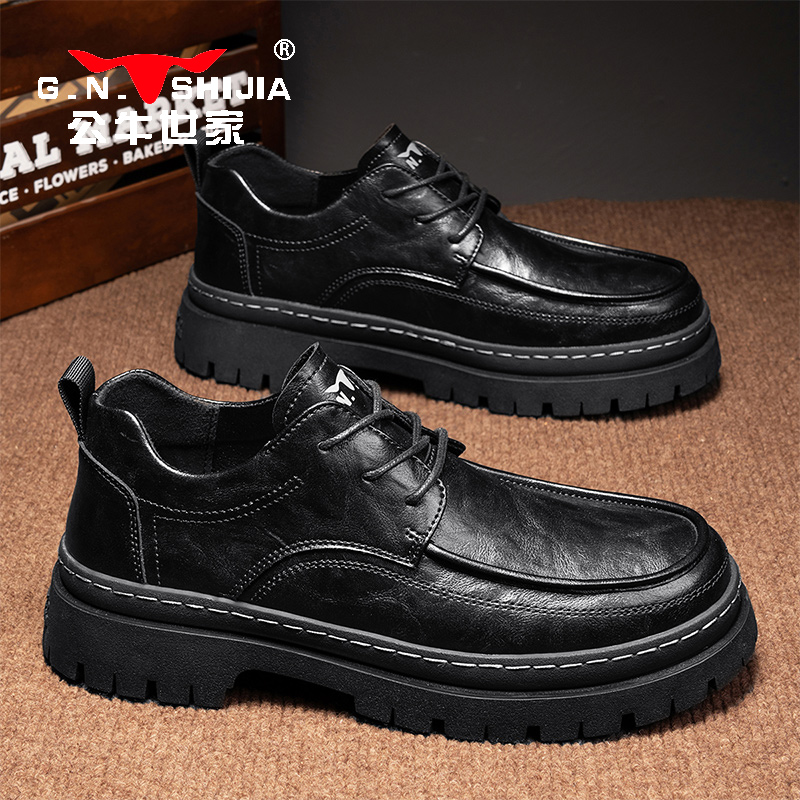 公牛世家2025新款休闲皮鞋厚底增高软底耐磨皮面防水时尚复古男鞋