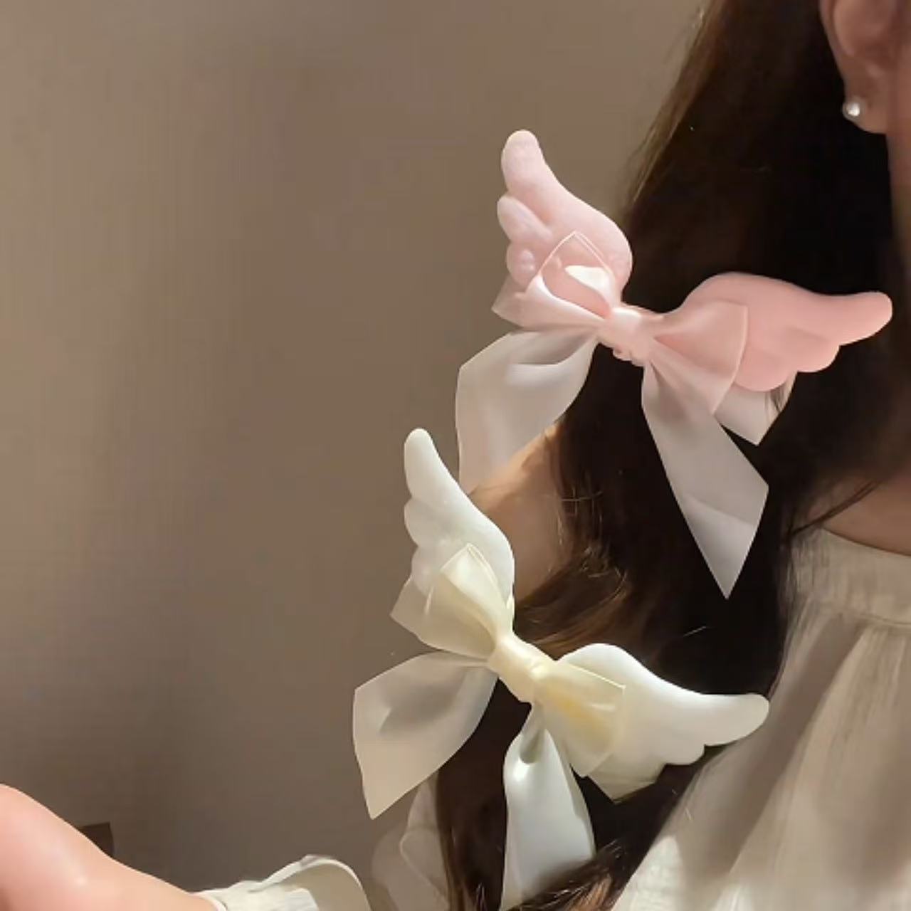 日系可爱毛绒翅膀蝴蝶结发夹女洛丽塔发饰甜美软妹后脑勺百搭头饰