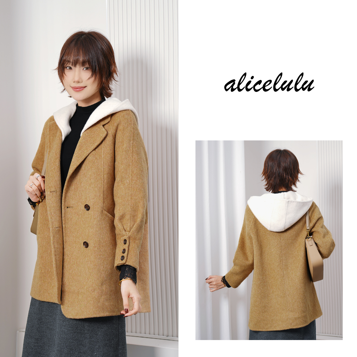 alicelulu 文艺腔调.韩版时尚减龄连帽毛呢大衣S1035761Ur
