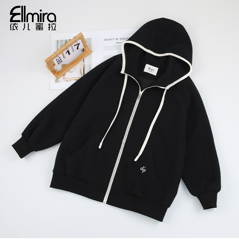 【琴韵】9459外套秋季新品连帽拉链开衫运动黑色上衣宽松休闲时尚潮