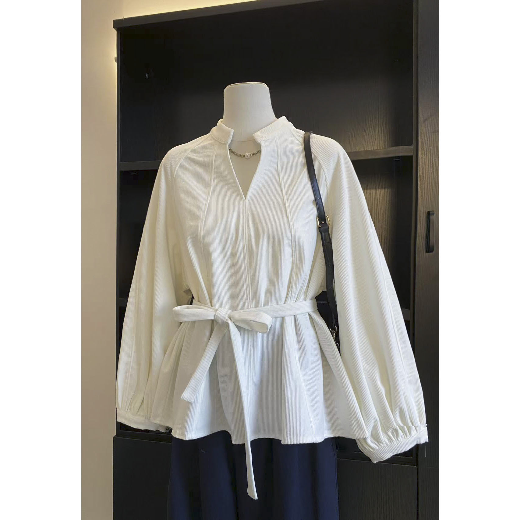 璎婲sᴀᴋᴜʀᴀ【风车海岸】车图洋气立领坎肩长袖单排扣气质蓝条纹衬衫