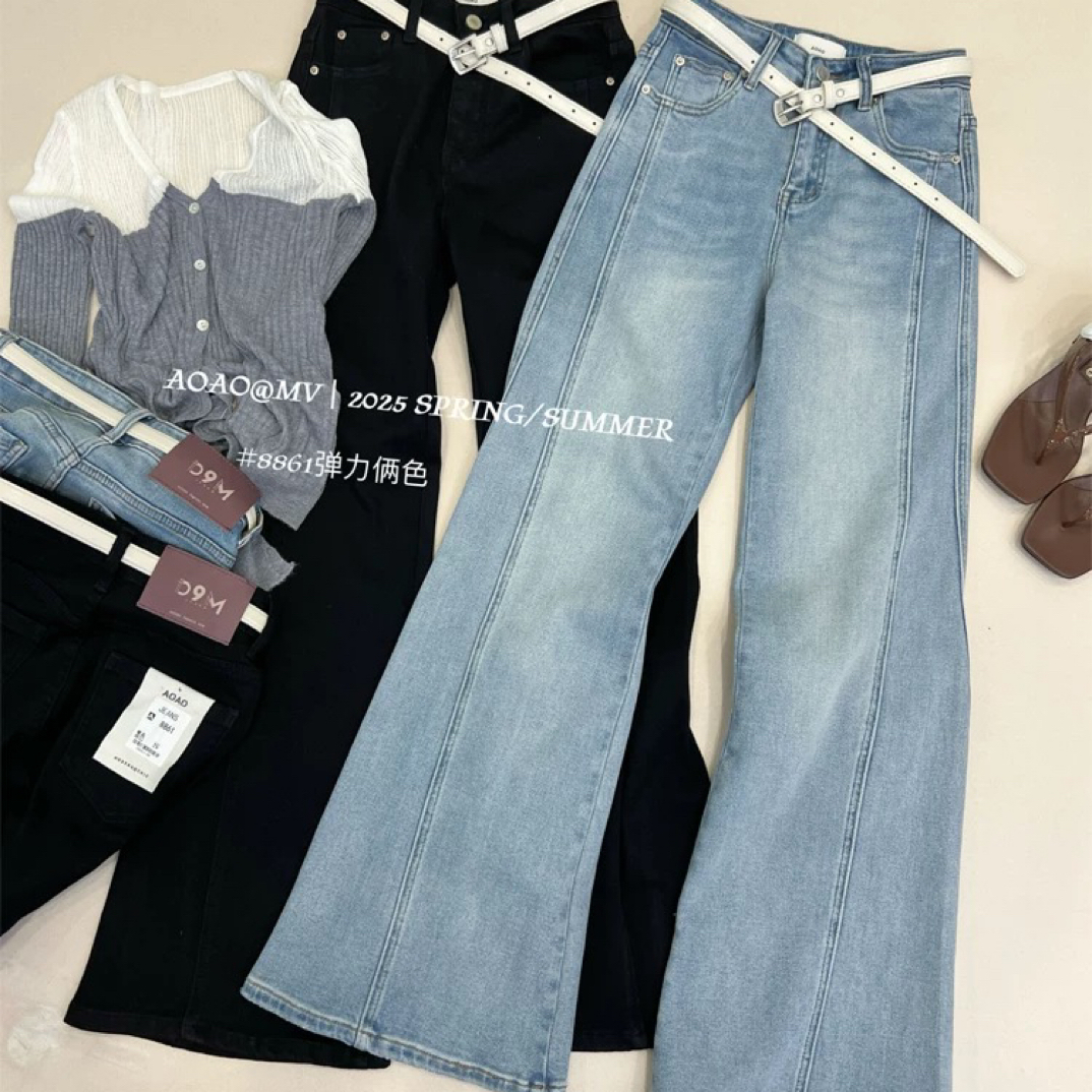 Mv喇叭裤高腰显瘦浅蓝色微喇牛仔裤女时尚百搭休闲垂感拖地裤