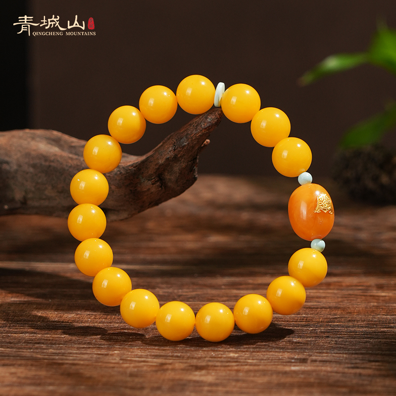 青城山天然鸡油黄蜜蜡手串10mm紫薇讳国风百搭单圈花蜡手串