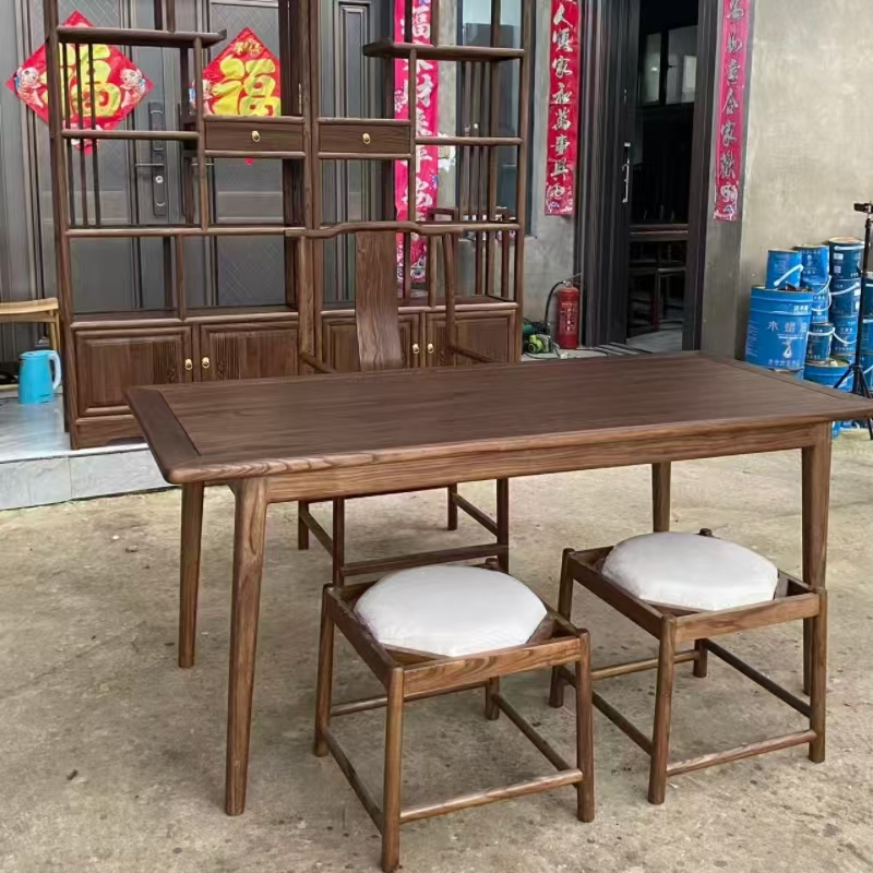   新中式全实木书桌宋式美学茶桌榫卯餐桌画案北方榆木现代简约风
