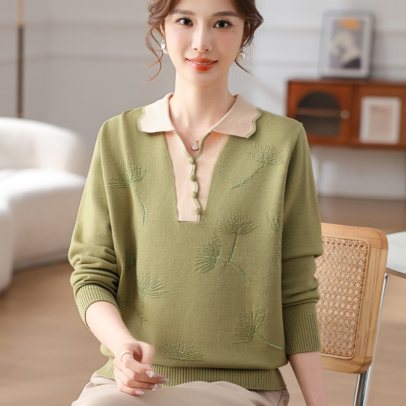 中年女装妈妈春秋款针织翻领毛衣小衫薄中老年高贵上衣洋气打底衫